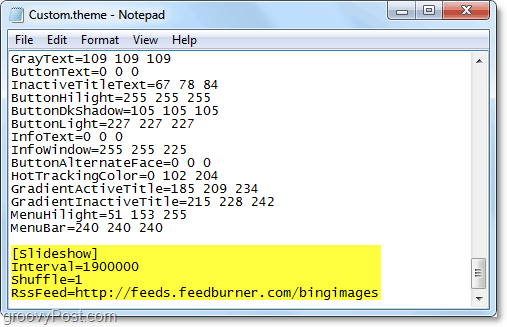 praeiti skaidrių rodymo kodą į „Windows 7“ .theme failą