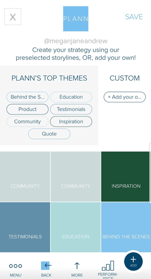 Jei norite planuoti „Instagram“ sklaidos kanalo turinį, „Plann“ naudokite spalvomis pažymėtas vietos rezervavimo vietas.