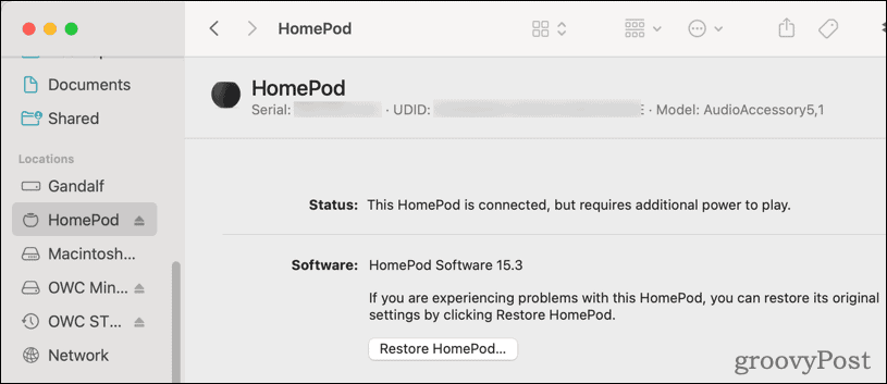 Atkurkite „HomePod“ iš „MacOS“.