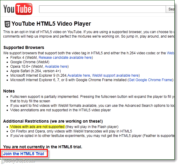 Žiūrėkite „YouTube“ savo kompiuteryje naudodami HTML5, o ne „Flash“