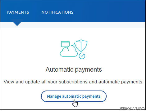 „PayPal“ spustelėkite Tvarkyti automatinius mokėjimus