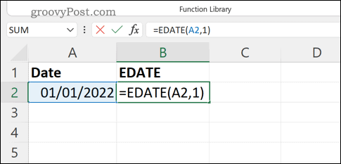 EDATE formulės įvedimas į „Excel“ formulės juostą