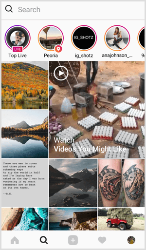 „Instagram Live“ skirtuke „Paieška ir naršymas“