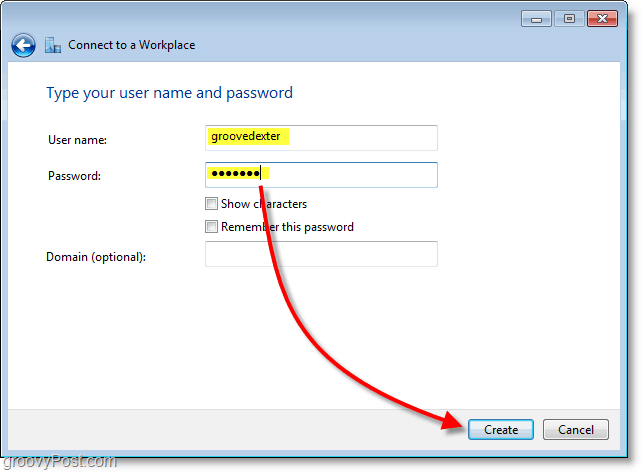 įveskite savo vartotojo vardą ir slaptažodį, tada sukurkite ryšį „Windows 7“