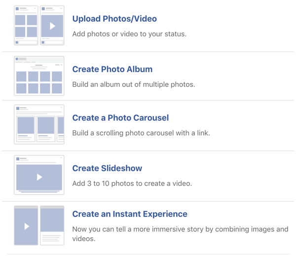 „Facebook“ vaizdo ir vaizdo įrašo parinkčių pavyzdys.