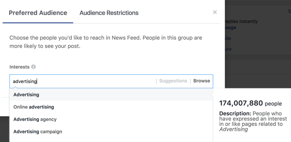 Kai įvesite pomėgį, „Facebook“ jums pasiūlys papildomų interesų žymių.