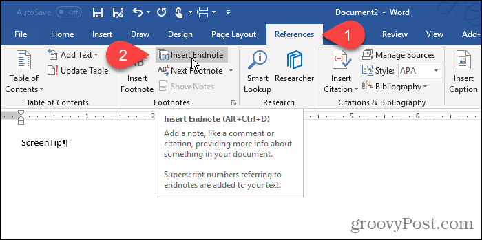 Spustelėkite „Endnote“ programoje „Word“