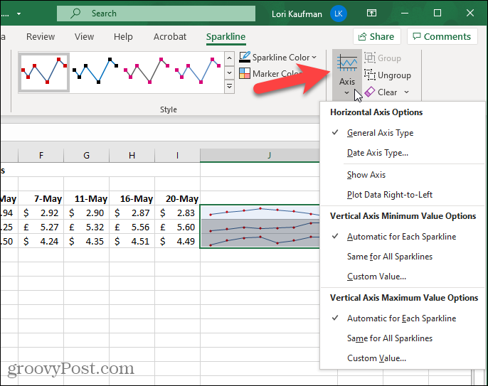 „Axis“ mygtukas „Sparkline“ skirtuke „Excel“