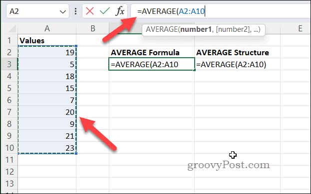 Formulės kūrimas naudojant AVERAGE programoje Excel