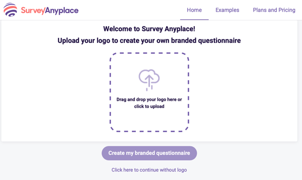 „Survey Anyplace“ pasveikinimas ir logotipo įkėlimas firminiam klausimynui.