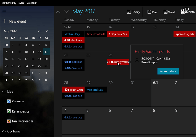„Windows 10“ kalendoriaus programa