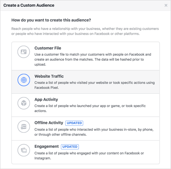 Sukurkite „Facebook“ pasirinktą auditoriją pagal savo svetainės srautą.