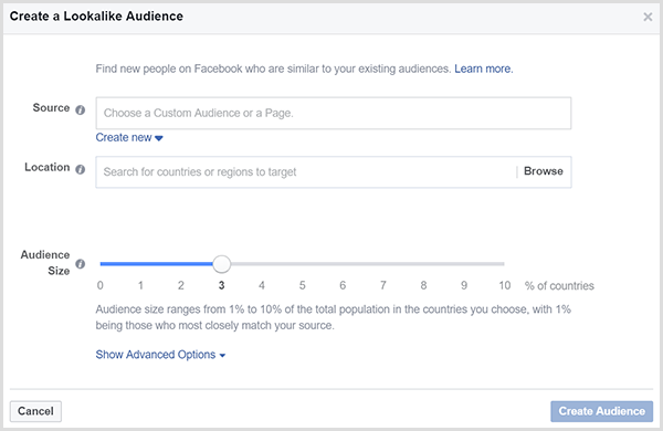 Dialogo lange „Facebook“ Sukurti panašų auditoriją “yra slankiklis Auditorijos dydis.