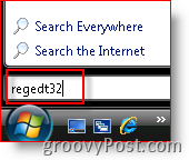 Windows Vista Paleiskite regedt32 iš paieškos juostos