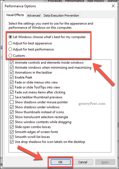 „Windows Performance Options“ meniu