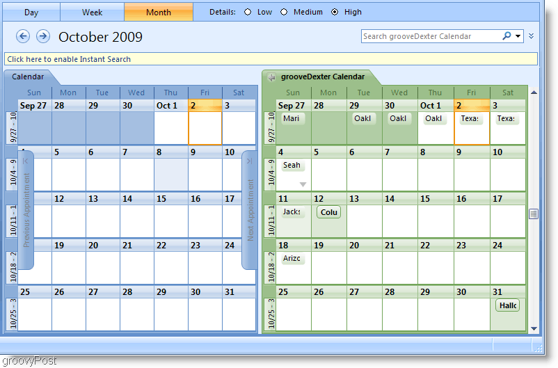 „Outlook 2007“ kalendoriaus ekrano kopija