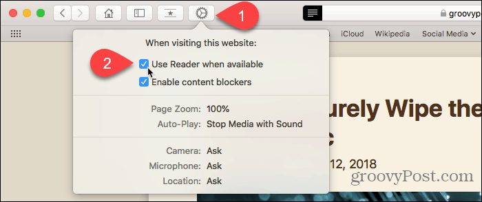 Naudokite „Safari for Mac“ mygtuką „Svetainės nuostatos“