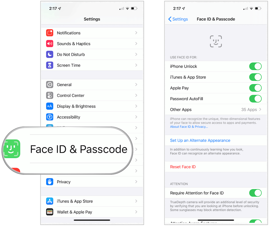 „Face ID“ pasirinkimai