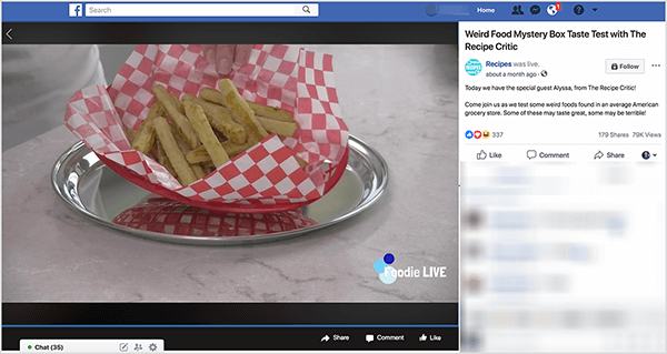 Tai tiesioginio vaizdo įrašo, pavadinto „Weird Food Mystery Box Taste test“ su „Recipe Critic“, ekrano kopija. Šis vaizdo įrašas pasirodė „Facebook Watch“ laidoje „Receptai“. Vaizdo įraše vis dar rodomos žalsvos bulvytės raudoname plastikiniame krepšelyje, kuris išklotas raudonai ir baltai patikrintu popieriumi. Šis krepšelis yra ant apvalaus sidabro padėklo, kuris yra ant šviesiai pilkos marmuro stalviršio. Apatiniame kairiajame kampe yra tekstas „Foodie Live“. Vaizdo įrašo dešinėje vis dar yra šoninė juosta su vaizdo įrašo pavadinimu, šou prekės ženklu ir tekstu iš vaizdo įrašo: „Šiandien mes turime specialųjį svečią Alyssa iš„ The Recipe Critic “! Prisijunkite prie mūsų, kai išbandome keletą keistų maisto produktų, randamų vidutinėje Amerikos maisto prekių parduotuvėje. Kai kurie iš jų gali būti puikūs, kai kurie - baisūs! “ Vaizdo įrašas sulaukė 337 reakcijų, 179 bendrinimų ir 79 000 peržiūrų. Rachel Farnsworth reguliariai rengia tiesioginę laidą savo „Facebook Watch“ laidoje.