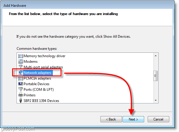 „Windows 7“ tinklų ekrano kopija - pasirinkite tinklo adapterius