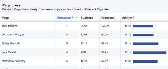 „Facebook“ auditorijos įžvalgose pateikiamas puslapių, kurie jūsų auditorijai gali patikti, atsižvelgiant į jų pomėgius, sąrašas. 