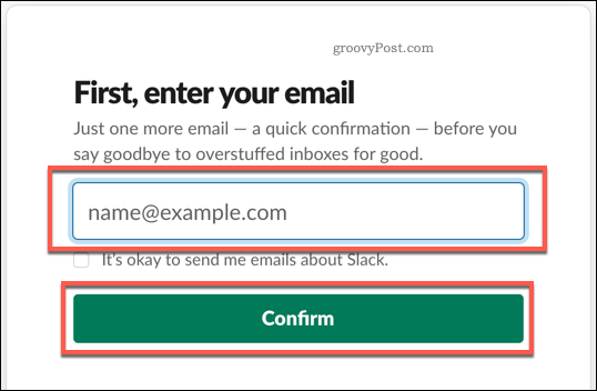 Pateikite el. Laišką, norėdami sukurti „Slack“ paskyrą