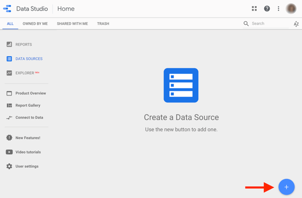 Norėdami analizuoti „Facebook“ skelbimus, naudokite „Google Data Studio“, 1 žingsnis, parinktis, kad sukurtumėte duomenų šaltinį „Google Data Studio“