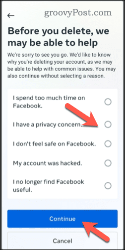 Pasirinkimas ištrinti „Facebook“ paskyrą mobiliajame telefone