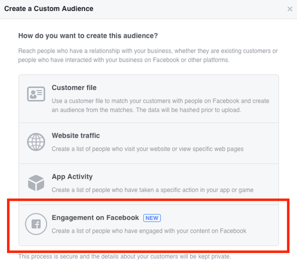Pasirinkite „Engagement on Facebook“ kaip norimos sukurti auditorijos tipą.