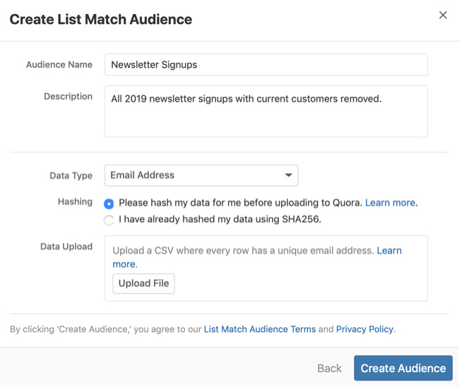 3 žingsnis, kaip sukurti „Quora“ sąrašo atitikties auditoriją