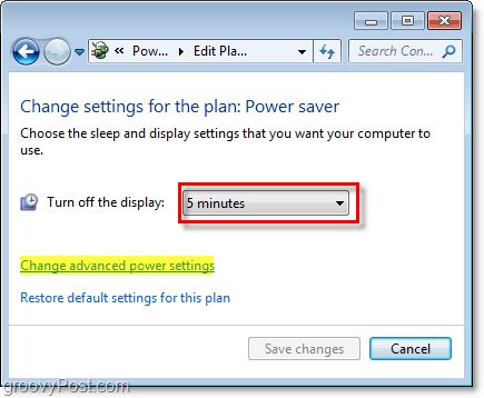 Redaguoti pagrindinius „Windows 7“ energijos taupymo plano parametrus ir spustelėkite išplėstinę nuorodą, kad galėtumėte redaguoti išplėstinius