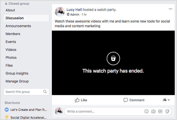 „Facebook“ žiūrėjimo vakarėlio įrašas grupės sklaidos kanale.