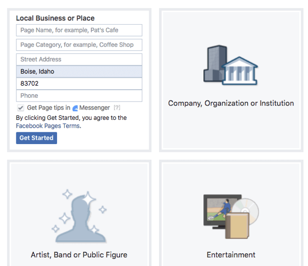 Apsvarstykite kiekvieno tipo ir kategorijos savybes, kurias siūlo jūsų „Facebook“ puslapis.