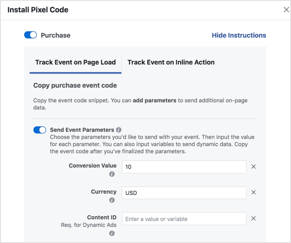 Nustatykite parametrus, kad sugeneruotumėte „Facebook“ įvykio kodą, kurio jums reikia.