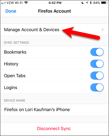 Bakstelėkite Tvarkyti sąskaitą ir įrenginius „iOS“ skirtoje „Firefox“