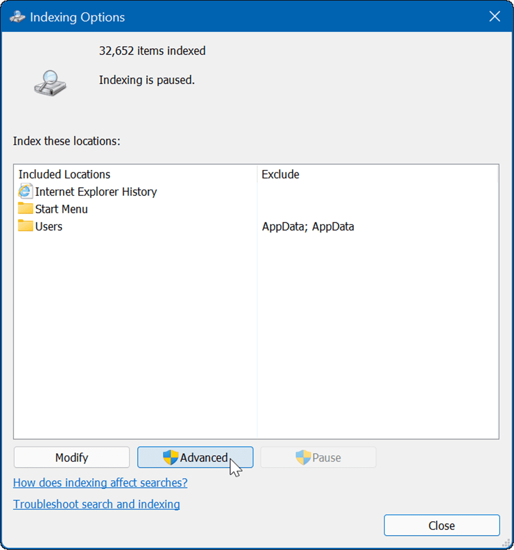 Išplėstinės indeksavimo parinktys slepia failus ir aplankus nuo paieškos sistemoje „Windows 11“.