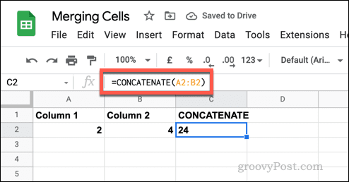 Paprastos CONCATENATE formulės „Google“ skaičiuoklėse pavyzdys
