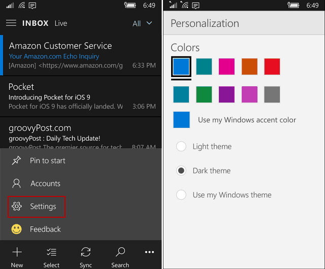 „Outlook Mail“ ir kalendoriaus programa „Windows 10 Mobile“ įgyja tamsią temą