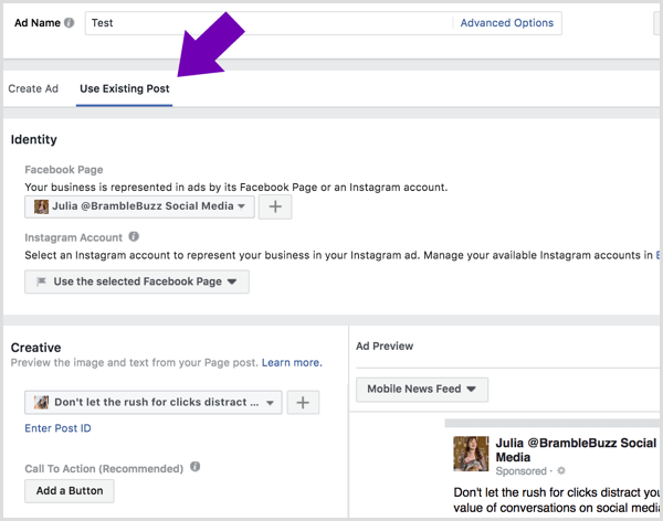 Spustelėkite skirtuką Naudoti esamą įrašą ir pasirinkite puslapį ir įrašą, kurį norite rodyti kaip „Facebook“ skelbimą.