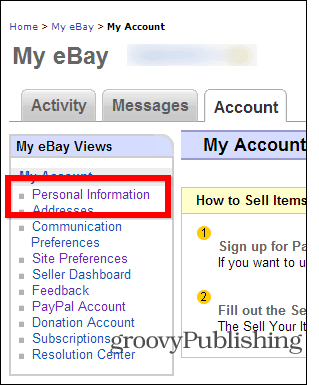 „eBay“ pakeisti slaptažodžio paskyros nustatymų asmeninę informaciją