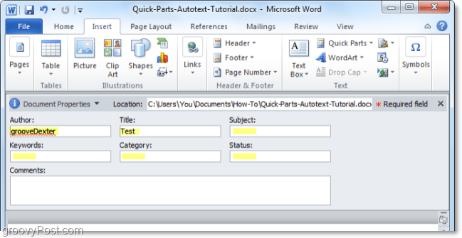 koreguokite dokumento ypatybes iš dokumentų skydelio programoje Word 2010