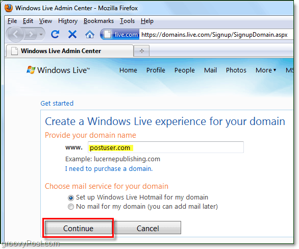 pateikti savo domeno vardą „Windows Live“