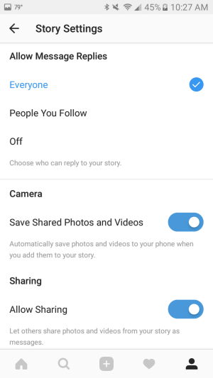 Naudokite nustatymus, jei norite automatiškai išsaugoti nuotraukas ir vaizdo įrašus, kuriuos įtraukiate į savo istoriją, į išmanųjį telefoną