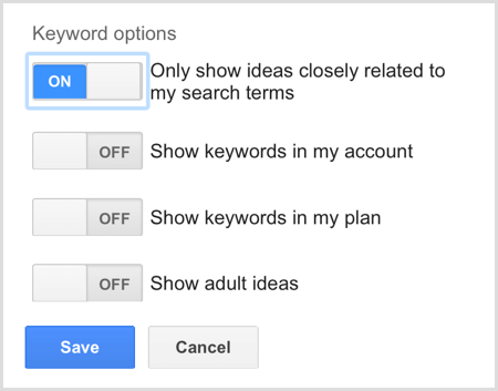 „Google AdWords“ raktinių žodžių planavimo priemonės paieškos raktinių žodžių parinktys