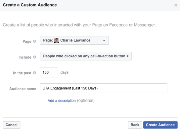Pasirinkite parinktį, jei norite įtraukti žmones, kurie spustelėjo raginimo veikti mygtuką jūsų „Facebook“ puslapyje.