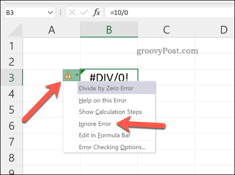 „Excel“ klaidų ignoravimas