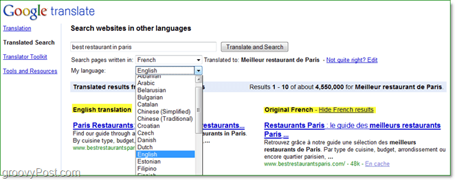 ieškokite interneto puslapių įvairiomis kalbomis ir skaitykite juos savo kalba, naudodamiesi išverstais „Google“ serakais