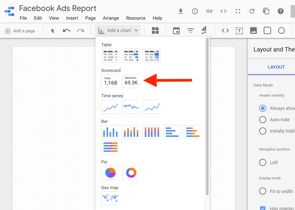 Norėdami analizuoti „Facebook“ skelbimus, naudokite „Google Data Studio“, 8 žingsnis, parinktis, kad pasirinktumėte rezultatų kortelių diagramą „Google Data Studio“