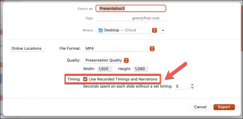 Įrašyto laiko naudojimas eksportuotam vaizdo įrašui „Mac“ skirtoje „PowerPoint“