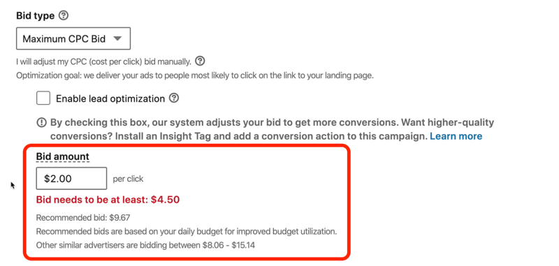 raudonos spalvos pranešimo ekrano kopija „LinkedIn pasiūlymas turi būti bent 4,50 USD“